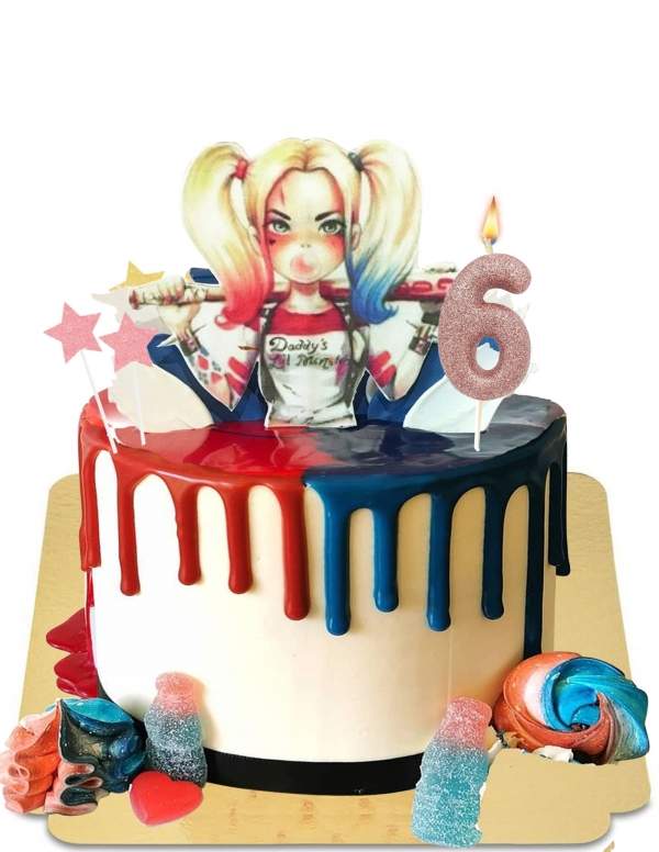HappyTaart.nl Harley Quinn blauwe en rode vegan drip cake, glutenvrij - 113